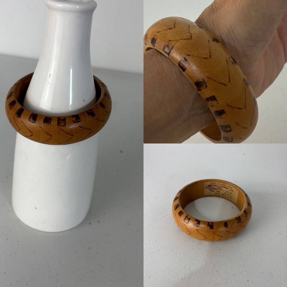 Vtg Wood Bangle Bracelet Boho Indie Festival Earthy Handmade India Women‎ 7.5"